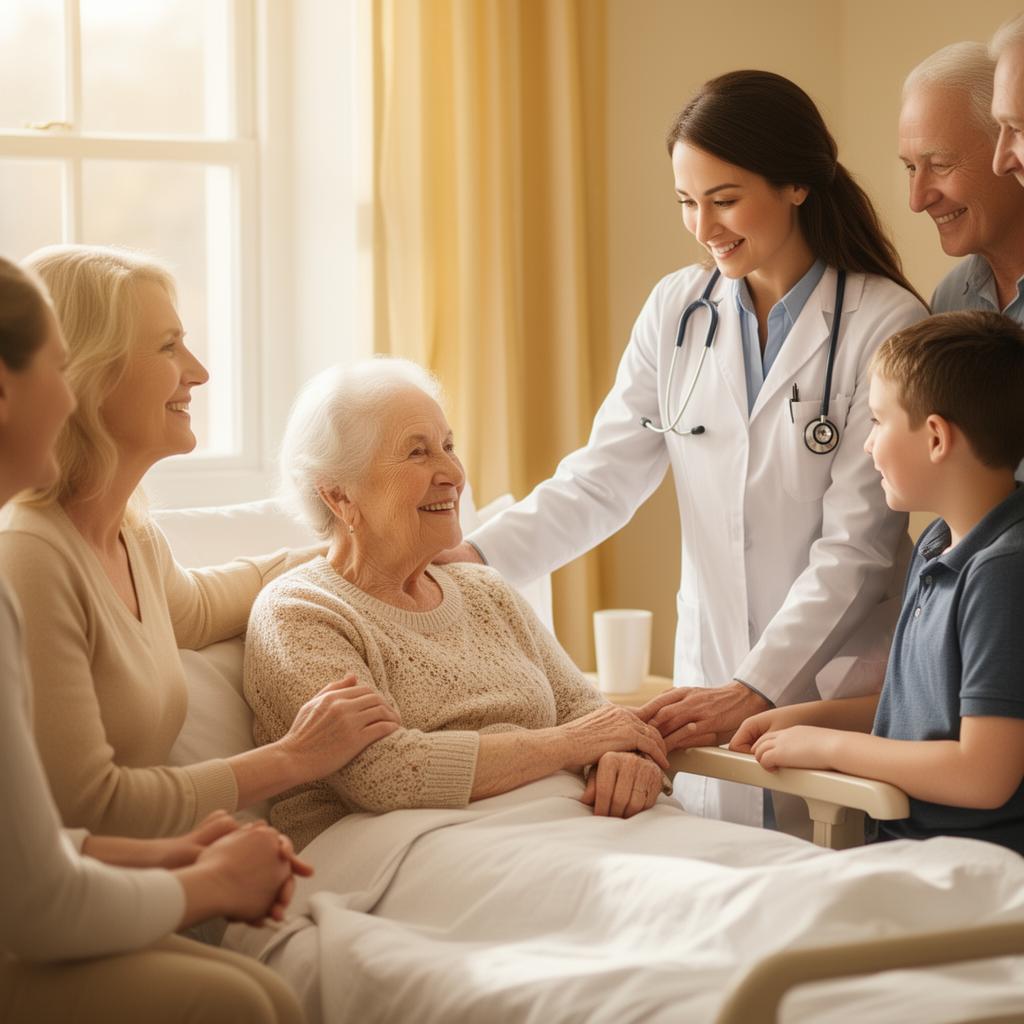 A family and doctor smiling with an elderly patient
